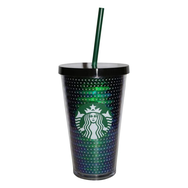 Starbucks® Cold Cup Metalic Sequins Green Edition wiederverwendbarer Kaltgetränke Becher mit Trinkhalm